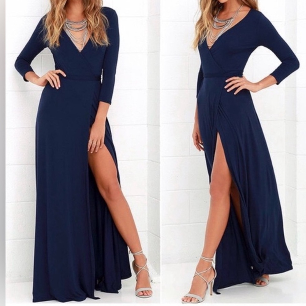 Lulus Garden District Navy Blue Wrap Maxi Dress